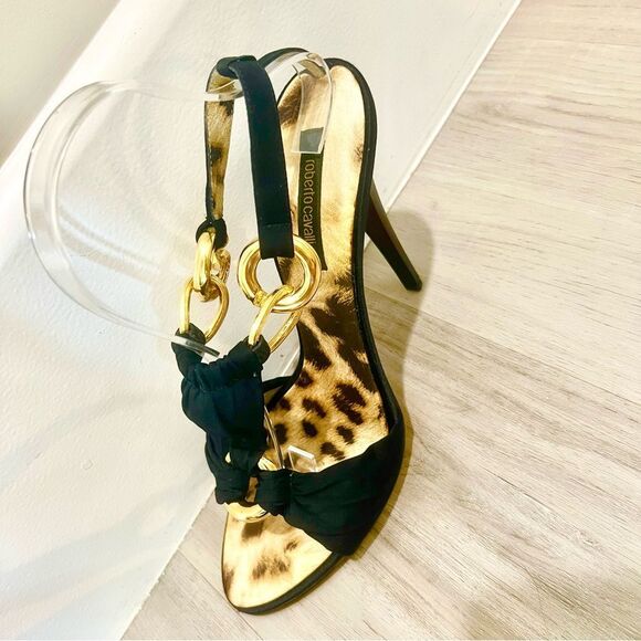 Roberto Cavalli Black and Gold Heels with Animal Print sz 11/41 - Picture 9 of 11